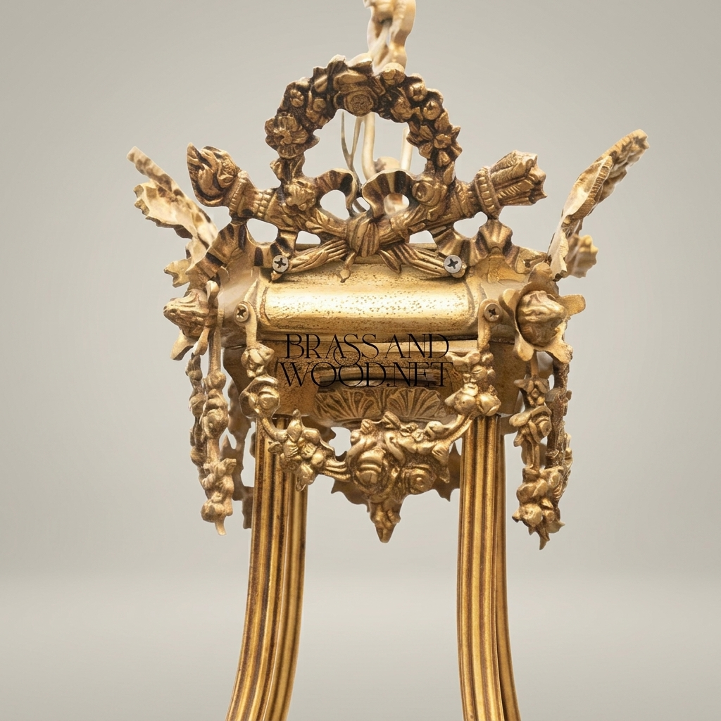 Louis XVI Neoclassical Brass Pendant Lantern with Frosted Globe & Floral Wreath Crown — Antique Gold