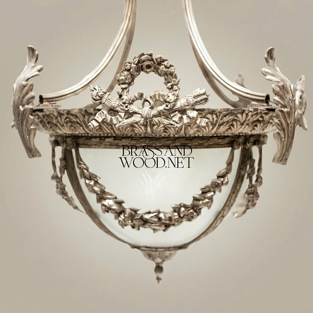 Louis XVI Neoclassical Brass Pendant Lantern with Frosted Globe & Floral Wreath Crown — Silver