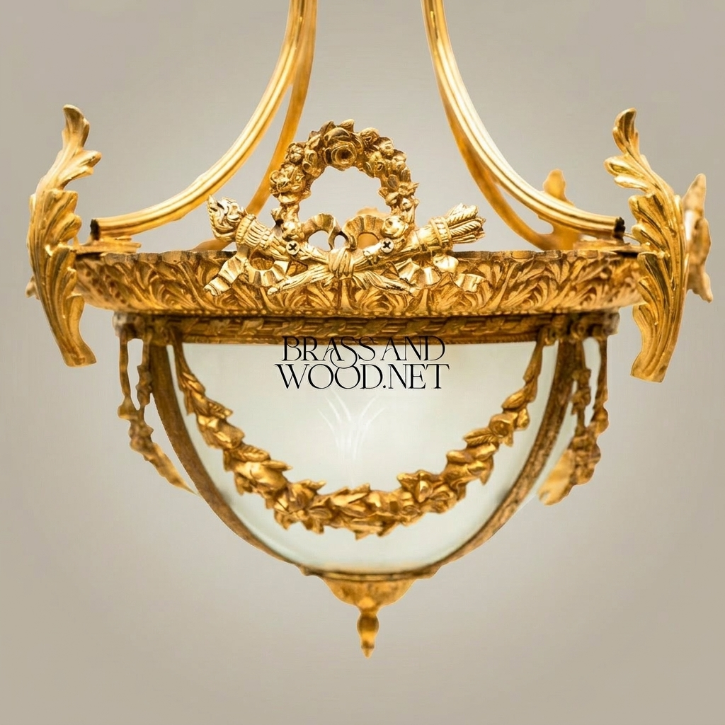 Louis XVI Neoclassical Brass Pendant Lantern with Frosted Globe & Floral Wreath Crown