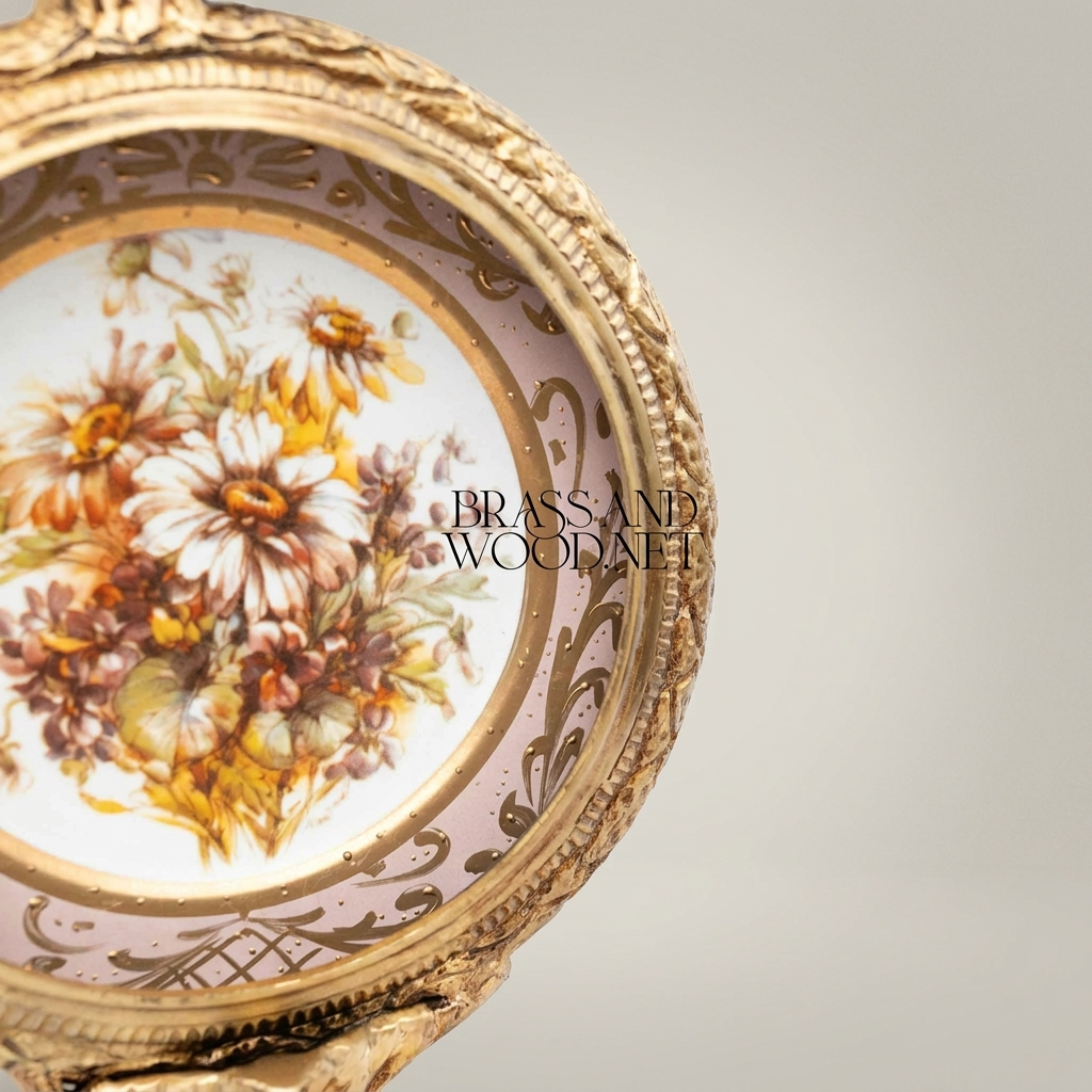 Louis XVI Neoclassical Brass & Porcelain Wall Frame - Ribbon Bow Crest with Floral Medallion — Antique Gold