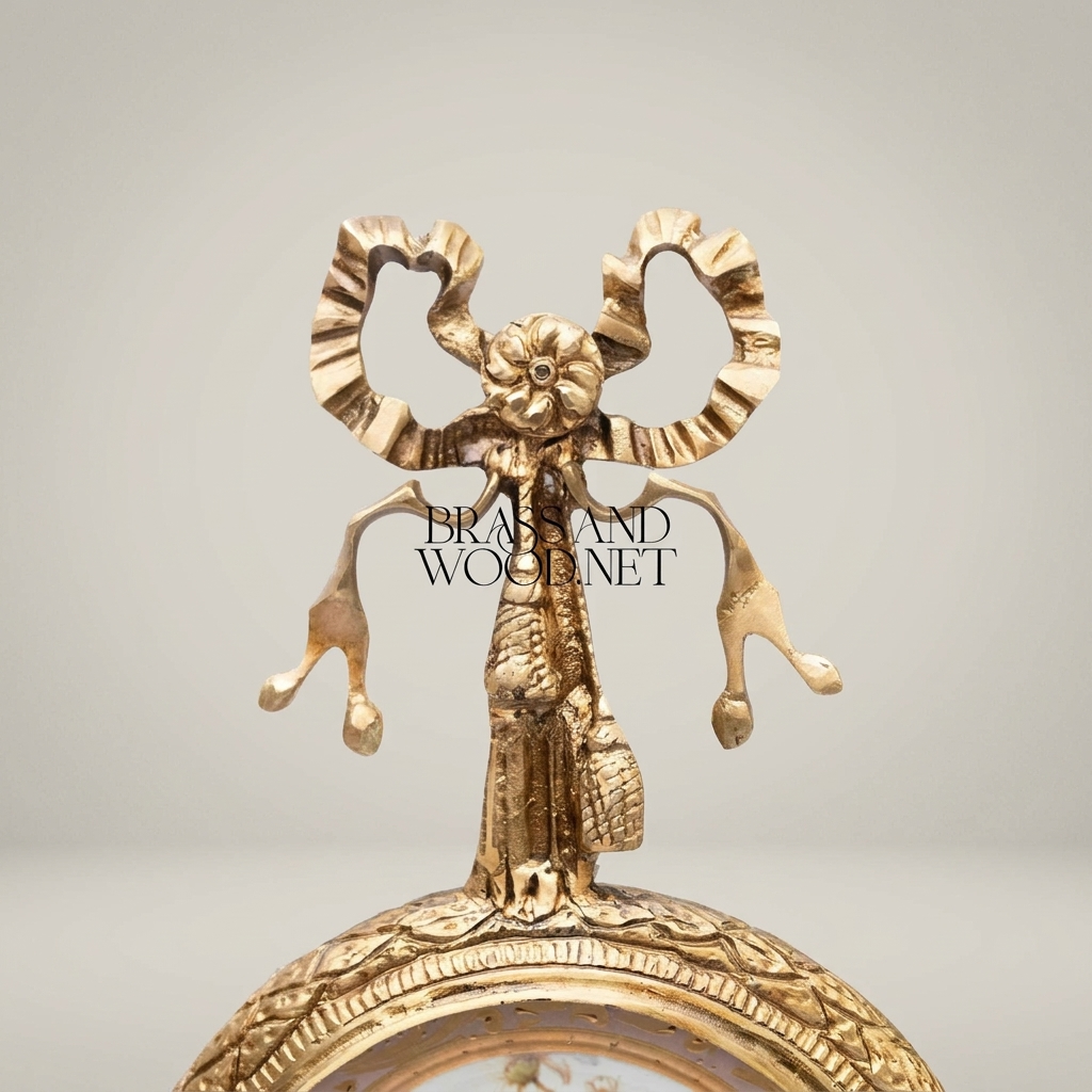 Louis XVI Neoclassical Brass & Porcelain Wall Frame - Ribbon Bow Crest with Floral Medallion — Antique Gold