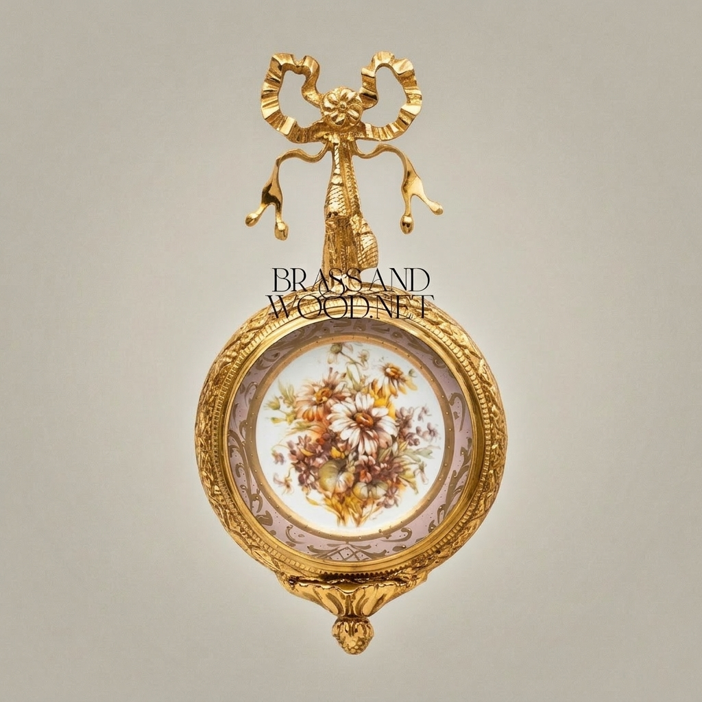 Louis XVI Neoclassical Brass & Porcelain Wall Frame - Ribbon Bow Crest with Floral Medallion — Gold