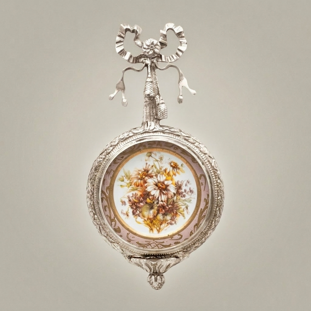 Louis XVI Neoclassical Brass & Porcelain Wall Frame - Ribbon Bow Crest with Floral Medallion — Silver