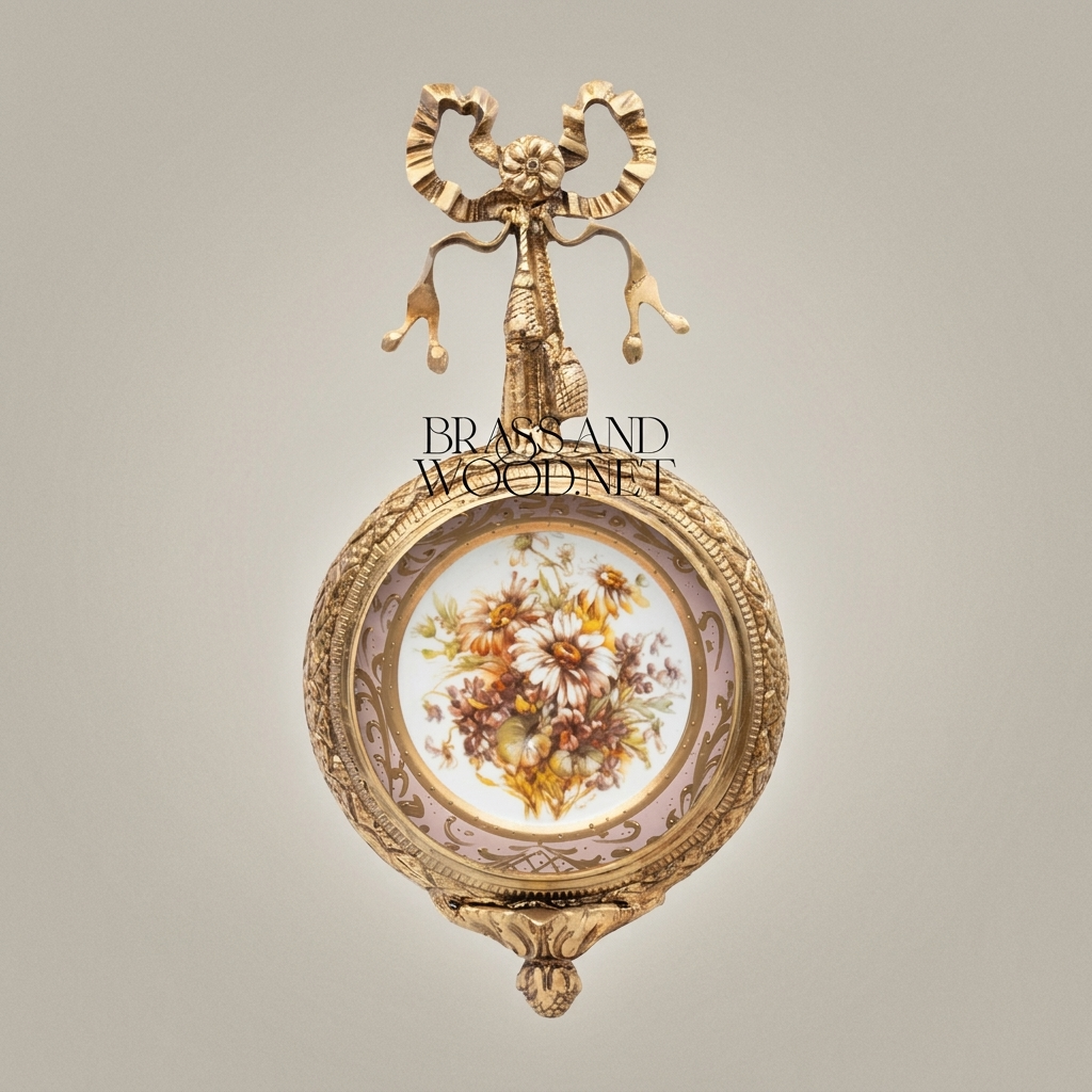 Louis XVI Neoclassical Brass & Porcelain Wall Frame - Ribbon Bow Crest with Floral Medallion — Antique Gold