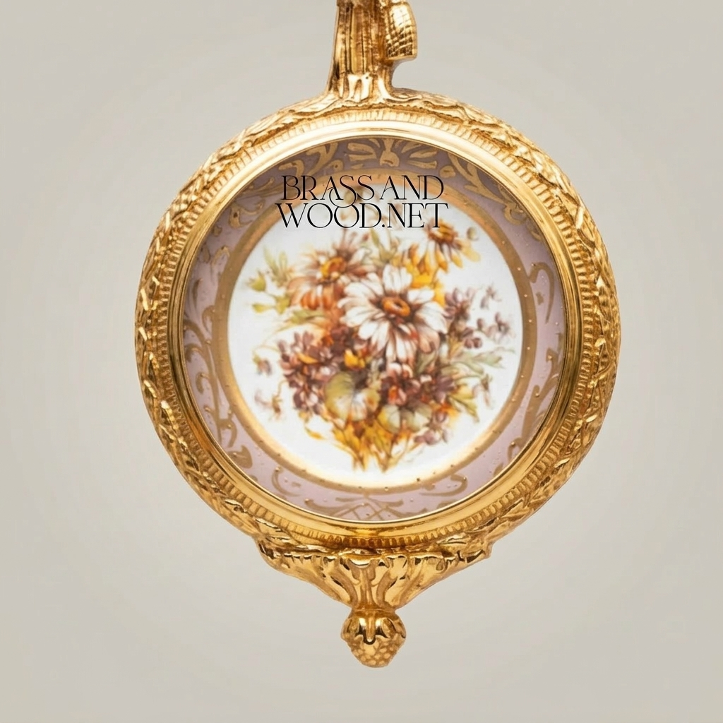 Louis XVI Neoclassical Brass & Porcelain Wall Frame - Ribbon Bow Crest with Floral Medallion — Gold