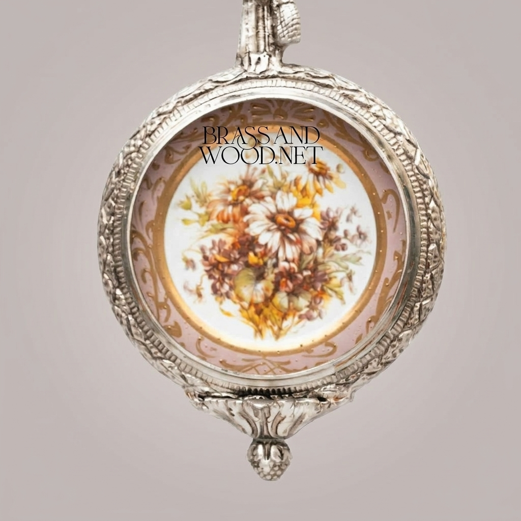 Louis XVI Neoclassical Brass & Porcelain Wall Frame - Ribbon Bow Crest with Floral Medallion — Silver