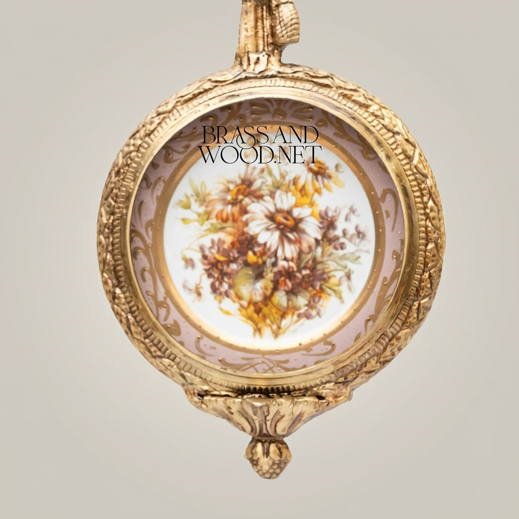 Louis XVI Neoclassical Brass & Porcelain Wall Frame - Ribbon Bow Crest with Floral Medallion — Antique Gold