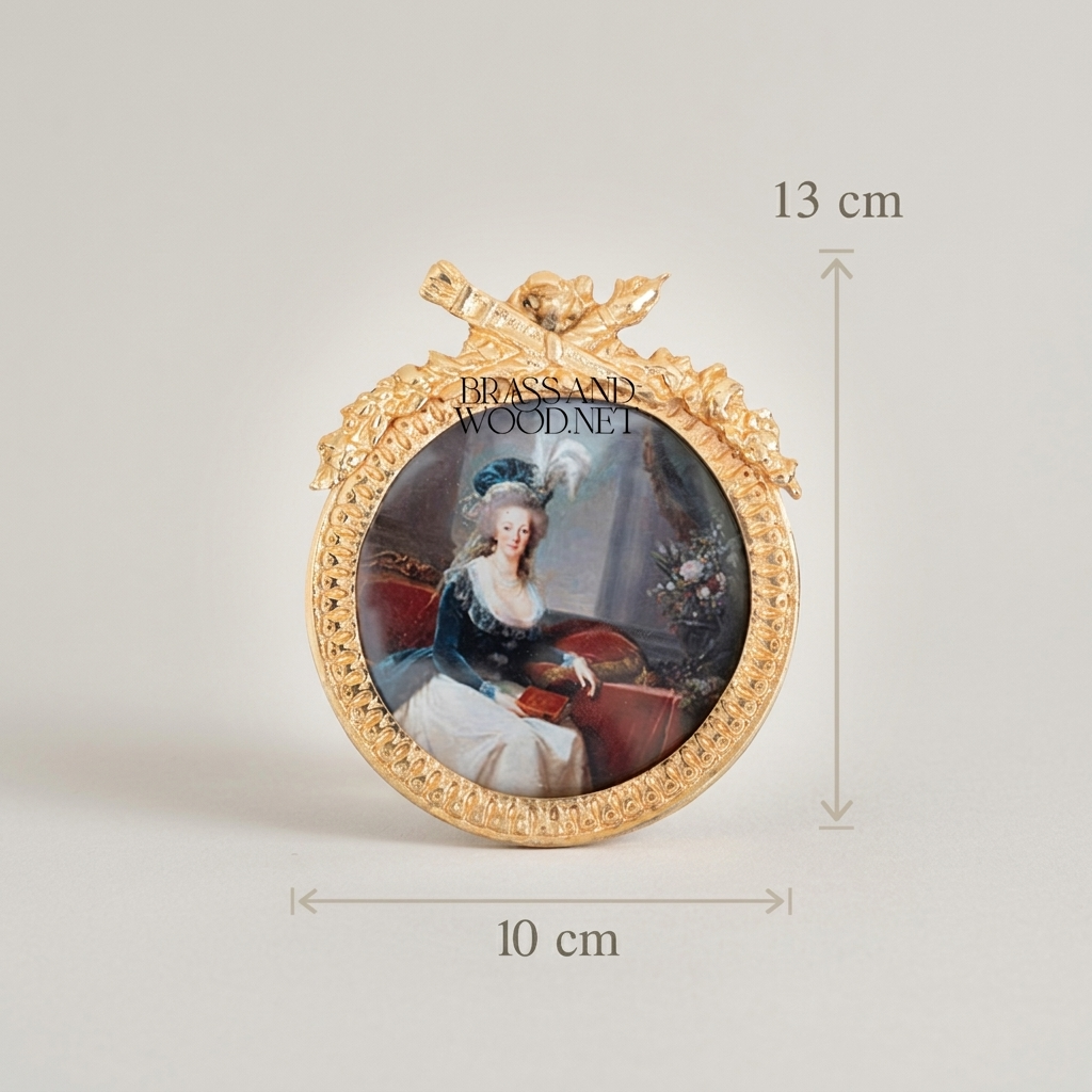 Louis XVI Neoclassical Brass Round Portrait Frame with Ribbon & Laurel Crown