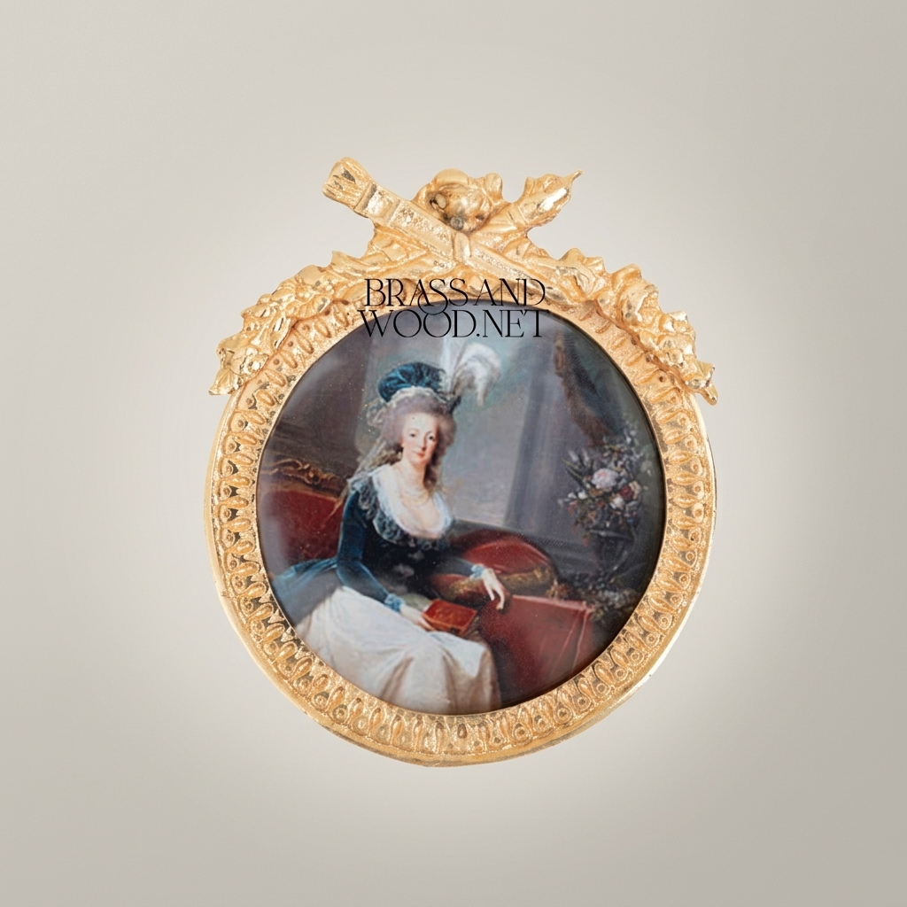 Louis XVI Neoclassical Brass Round Portrait Frame with Ribbon & Laurel Crown — Gold