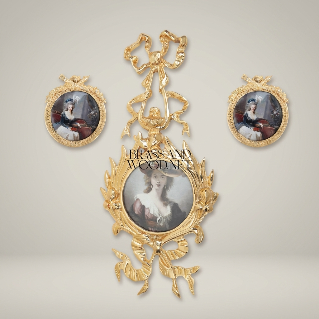 Louis XVI Neoclassical Brass Round Portrait Frame with Ribbon & Laurel Crown