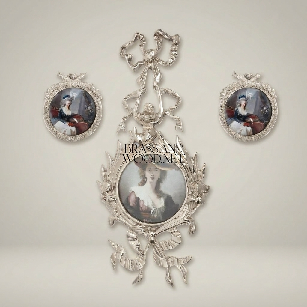 Louis XVI Neoclassical Brass Round Portrait Frame with Ribbon & Laurel Crown — Silver