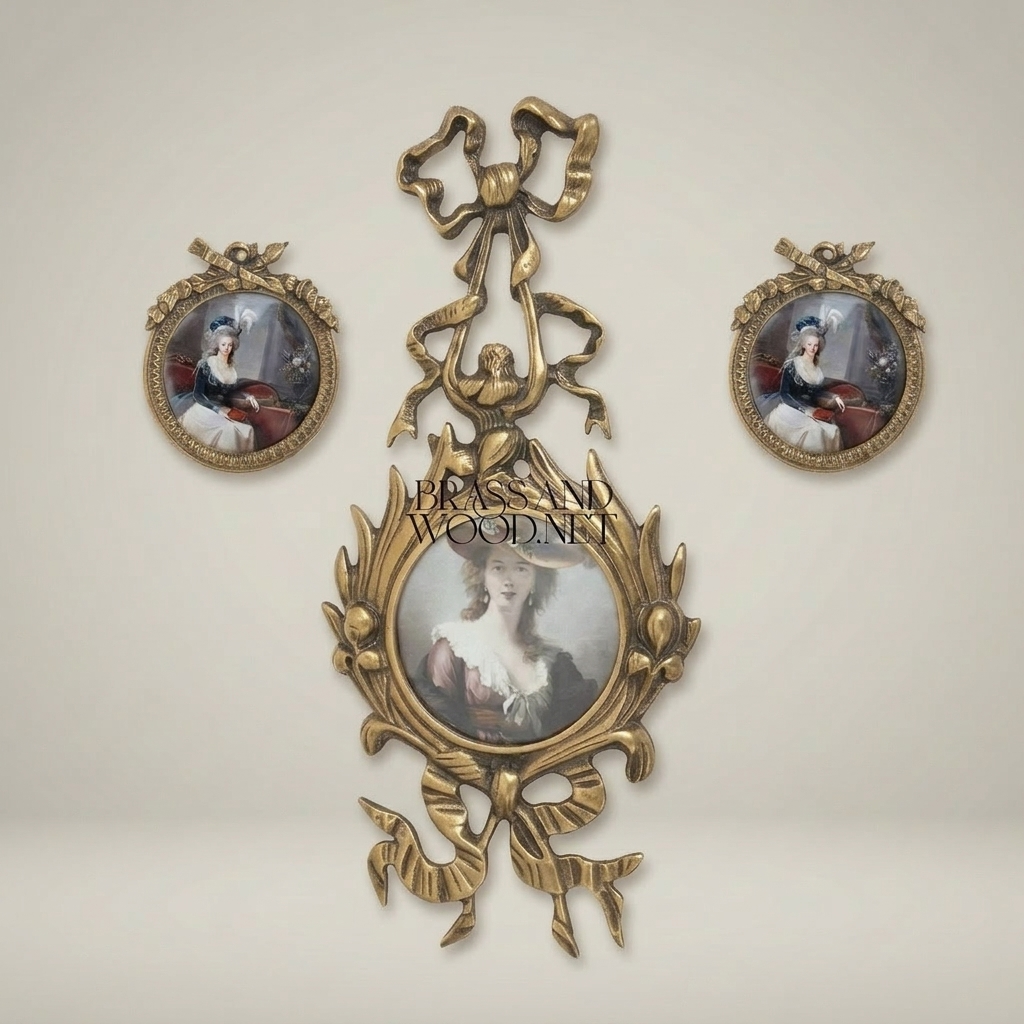 Louis XVI Neoclassical Brass Round Portrait Frame with Ribbon & Laurel Crown — Antique Gold