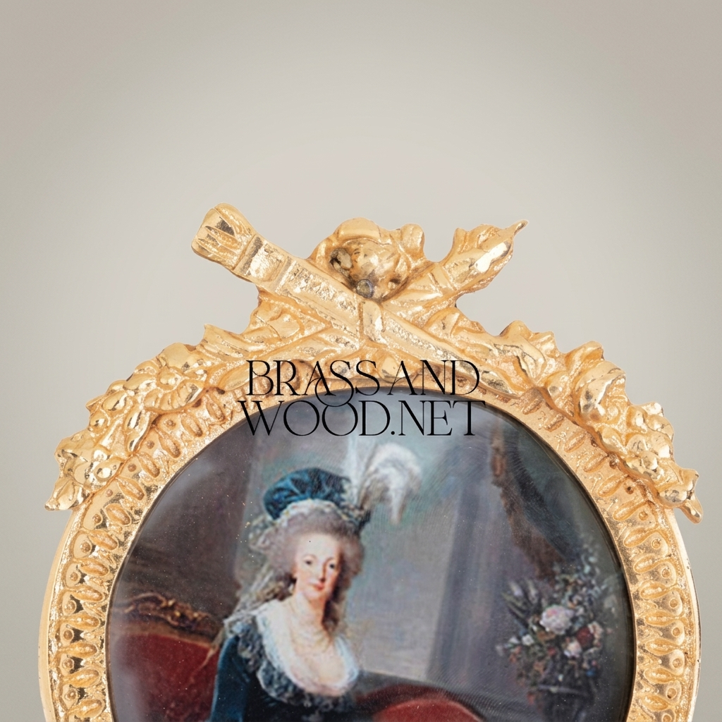 Louis XVI Neoclassical Brass Round Portrait Frame with Ribbon & Laurel Crown — Gold