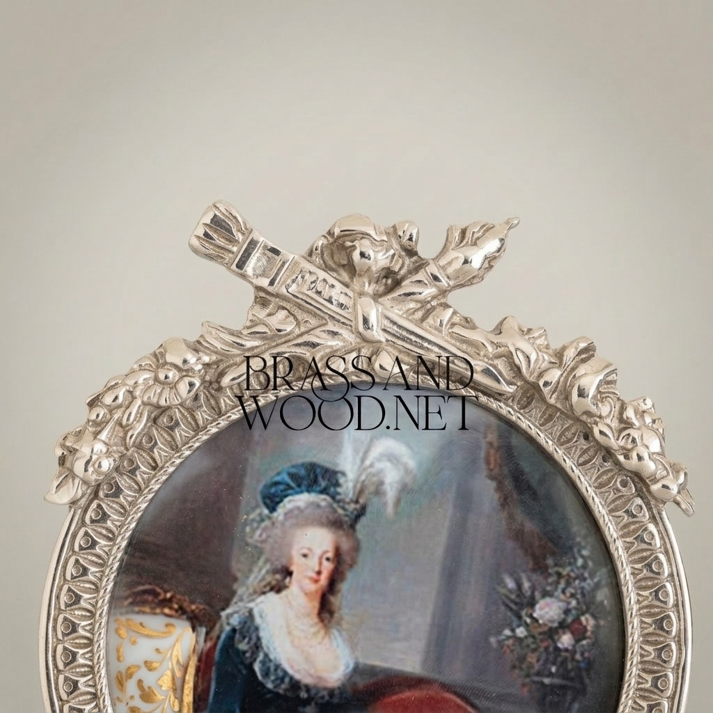 Louis XVI Neoclassical Brass Round Portrait Frame with Ribbon & Laurel Crown — Silver