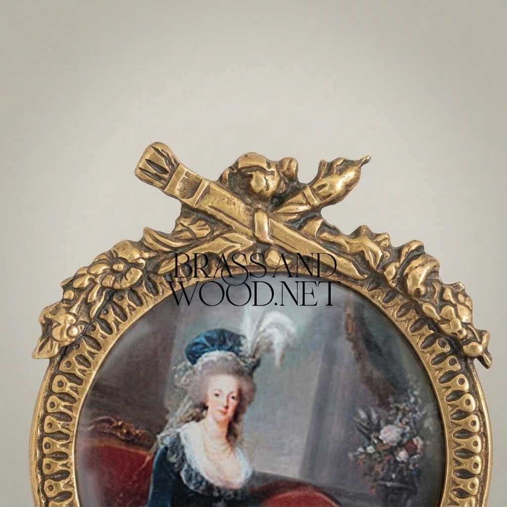 Louis XVI Neoclassical Brass Round Portrait Frame with Ribbon & Laurel Crown — Antique Gold