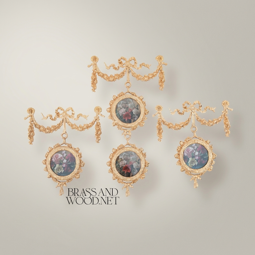 Louis XVI Neoclassical Brass Wall Hanging with Floral Medallion & Garland Swag