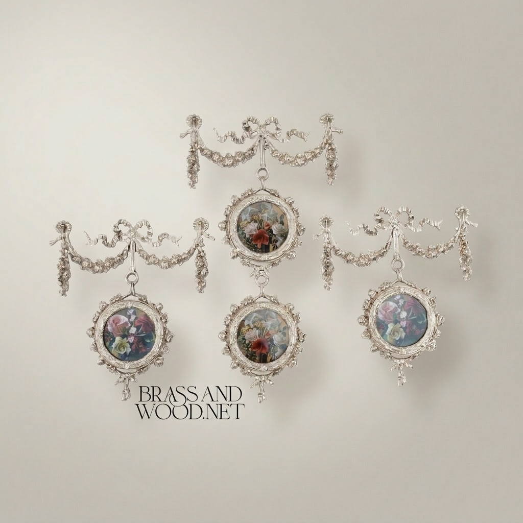 Louis XVI Neoclassical Brass Wall Hanging with Floral Medallion & Garland Swag — Silver