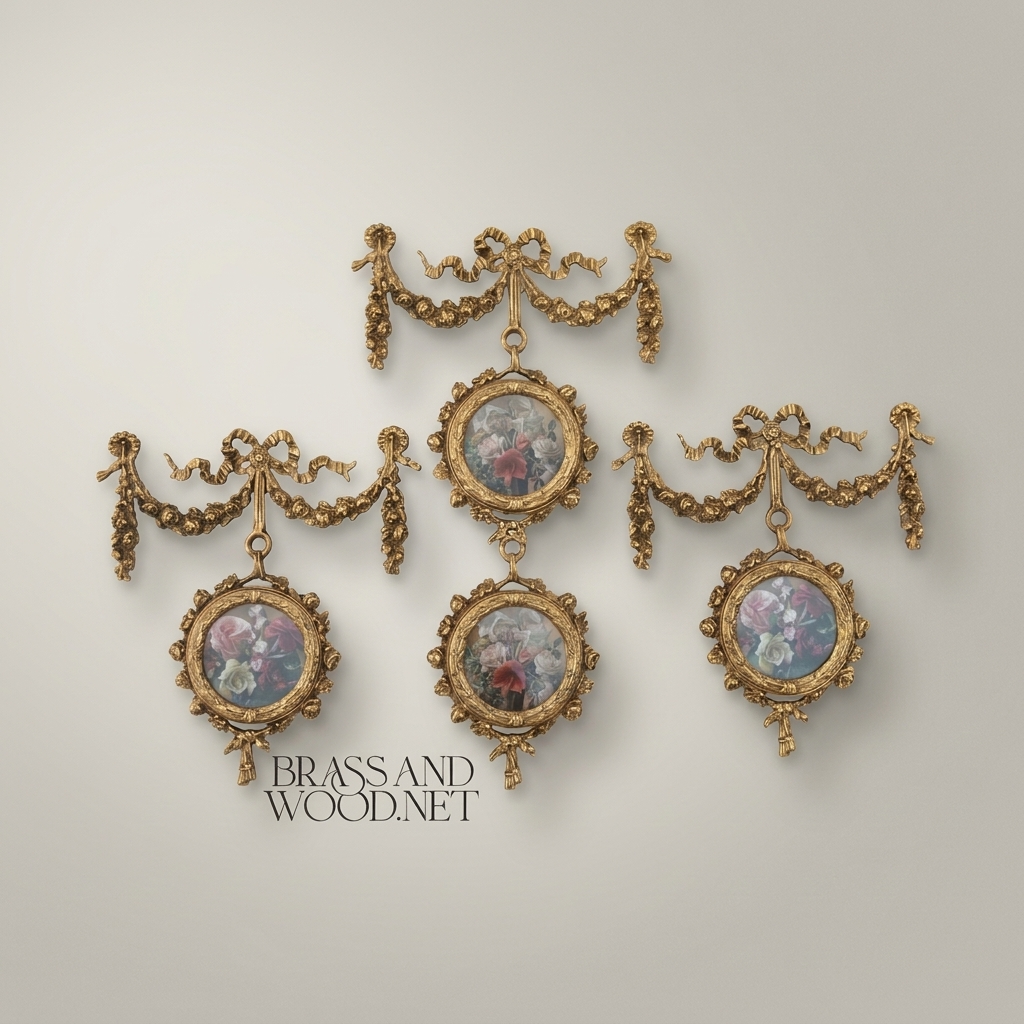 Louis XVI Neoclassical Brass Wall Hanging with Floral Medallion & Garland Swag — Antique Gold