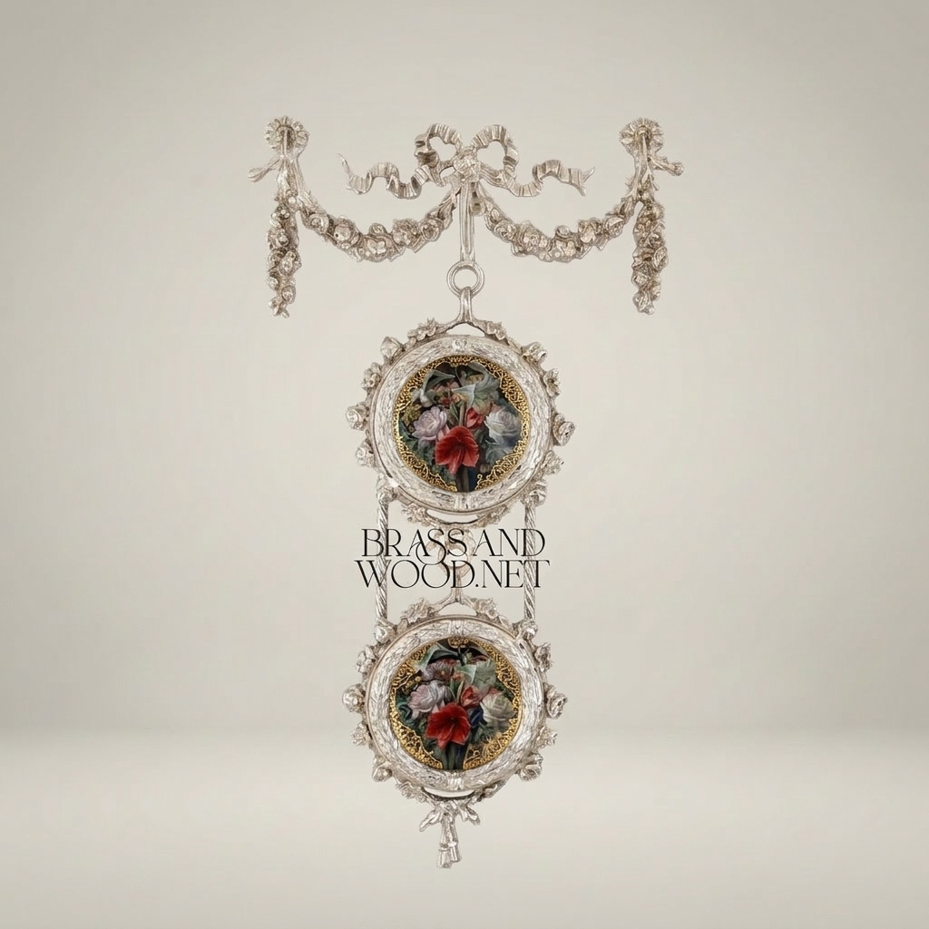 Louis XVI Neoclassical Brass Wall Hanging with Floral Medallion & Garland Swag — Silver