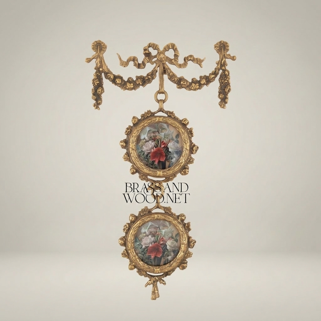 Louis XVI Neoclassical Brass Wall Hanging with Floral Medallion & Garland Swag — Antique Gold