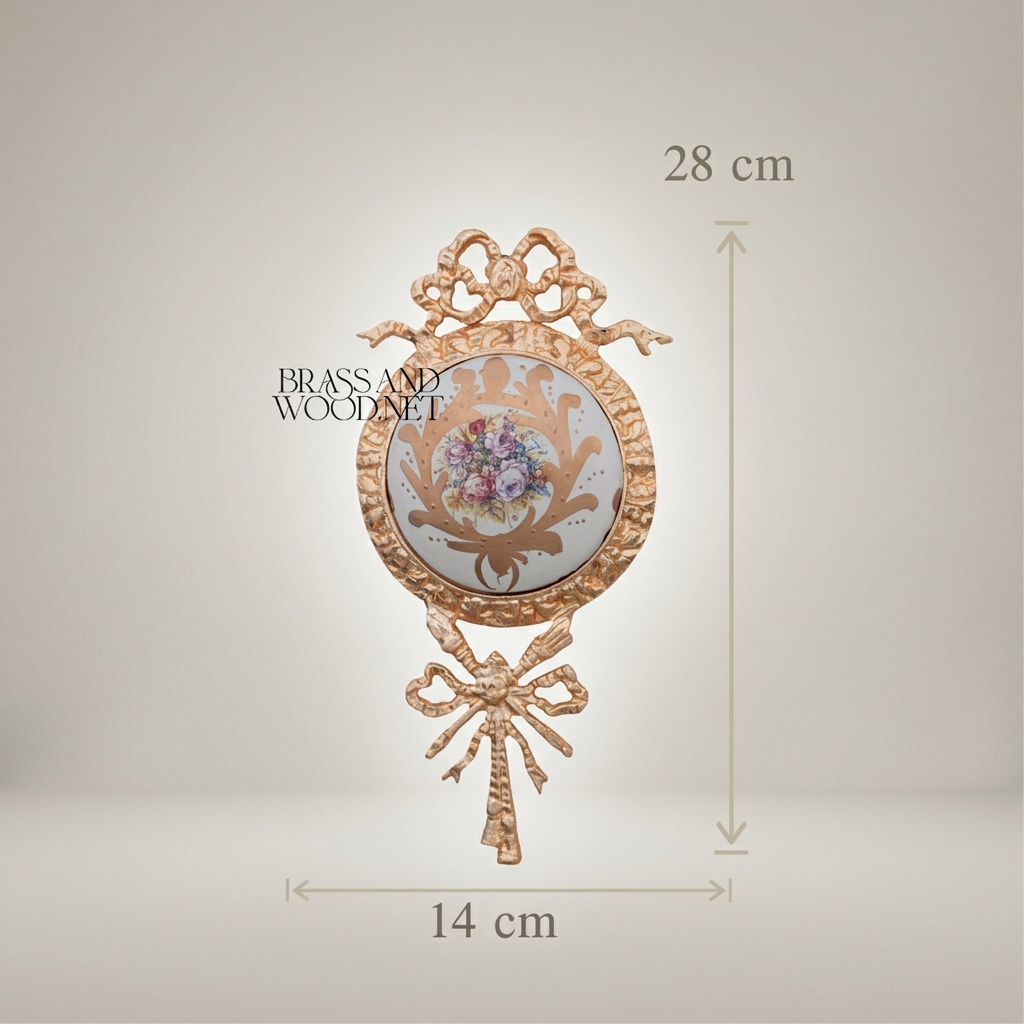 Louis XVI Neoclassical Brass Wall Medallion with Hand-Painted Floral Ceramic Centre — Gold