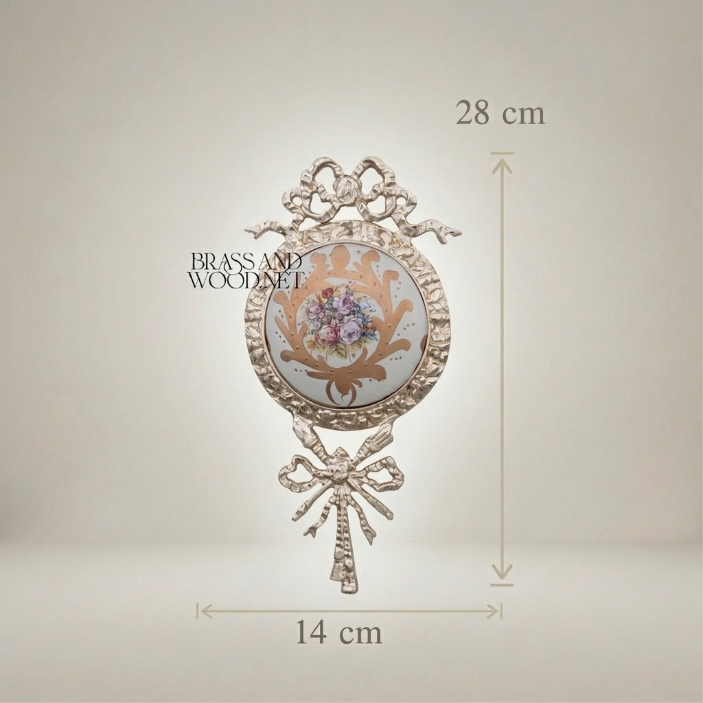 Louis XVI Neoclassical Brass Wall Medallion with Hand-Painted Floral Ceramic Centre — Silver