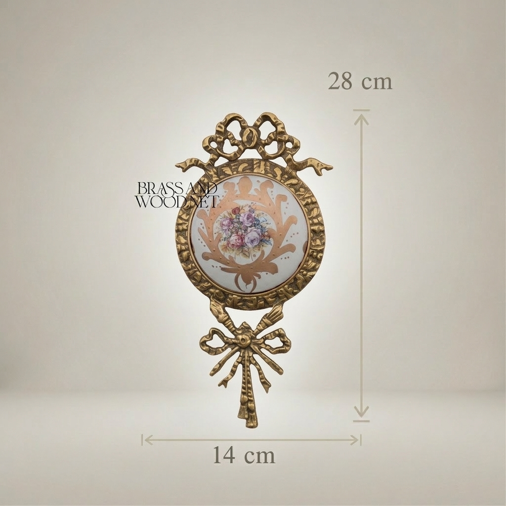 Louis XVI Neoclassical Brass Wall Medallion with Hand-Painted Floral Ceramic Centre — Antique Gold