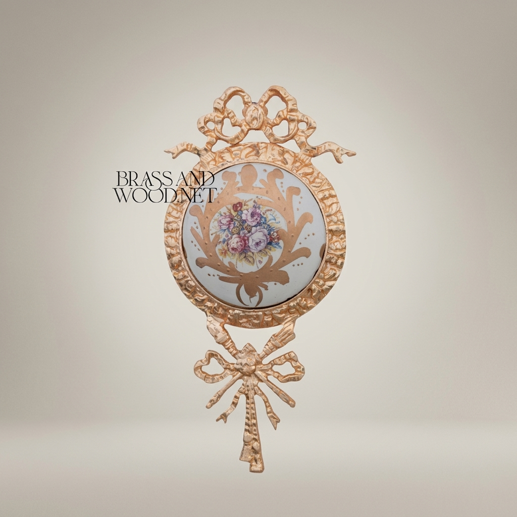 Louis XVI Neoclassical Brass Wall Medallion with Hand-Painted Floral Ceramic Centre — Gold