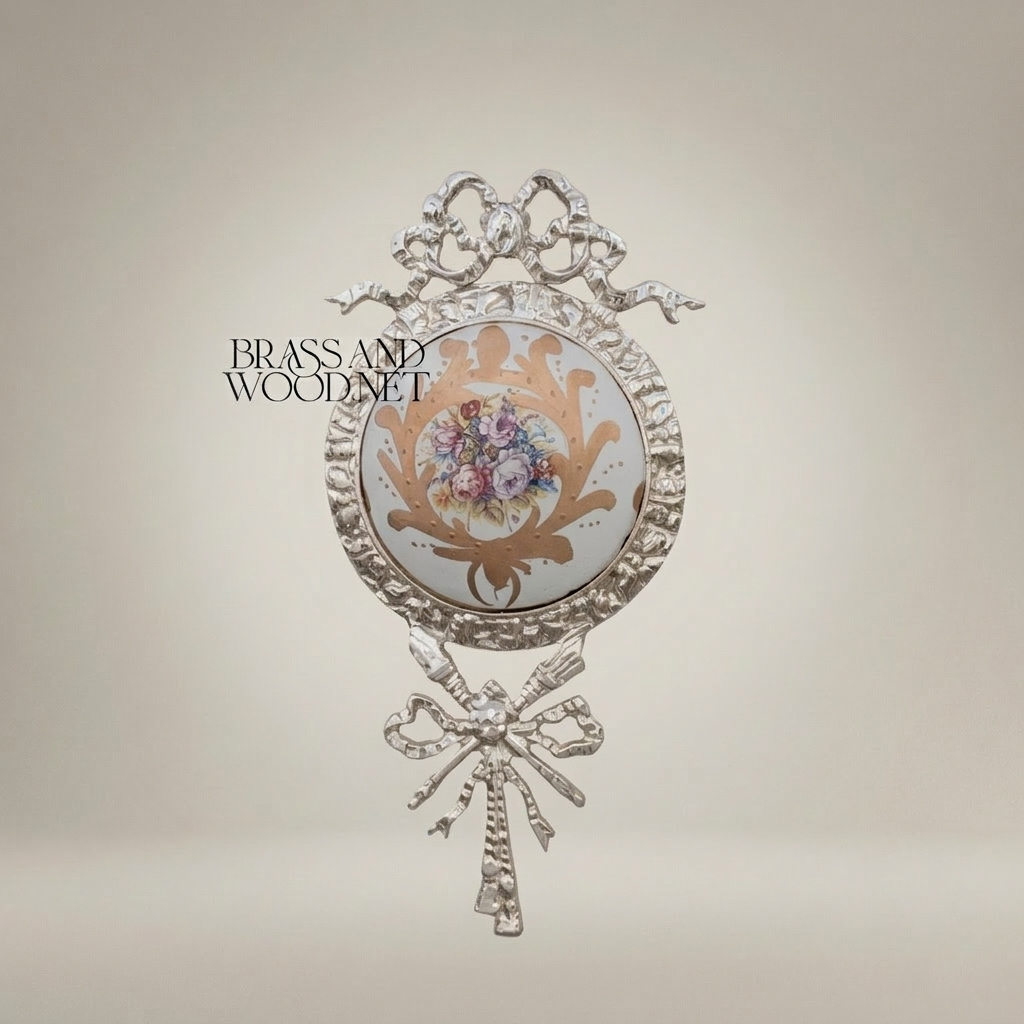Louis XVI Neoclassical Brass Wall Medallion with Hand-Painted Floral Ceramic Centre — Silver