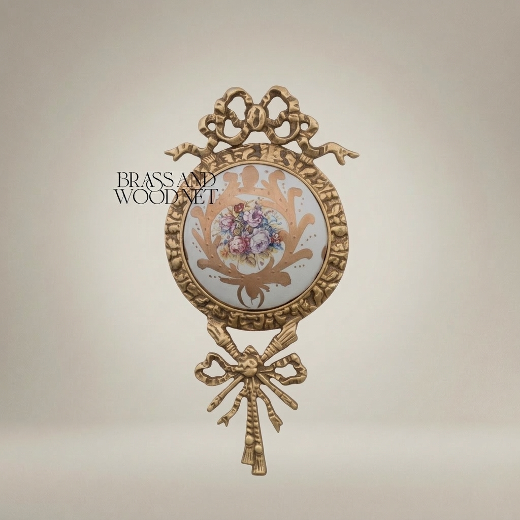 Louis XVI Neoclassical Brass Wall Medallion with Hand-Painted Floral Ceramic Centre — Antique Gold