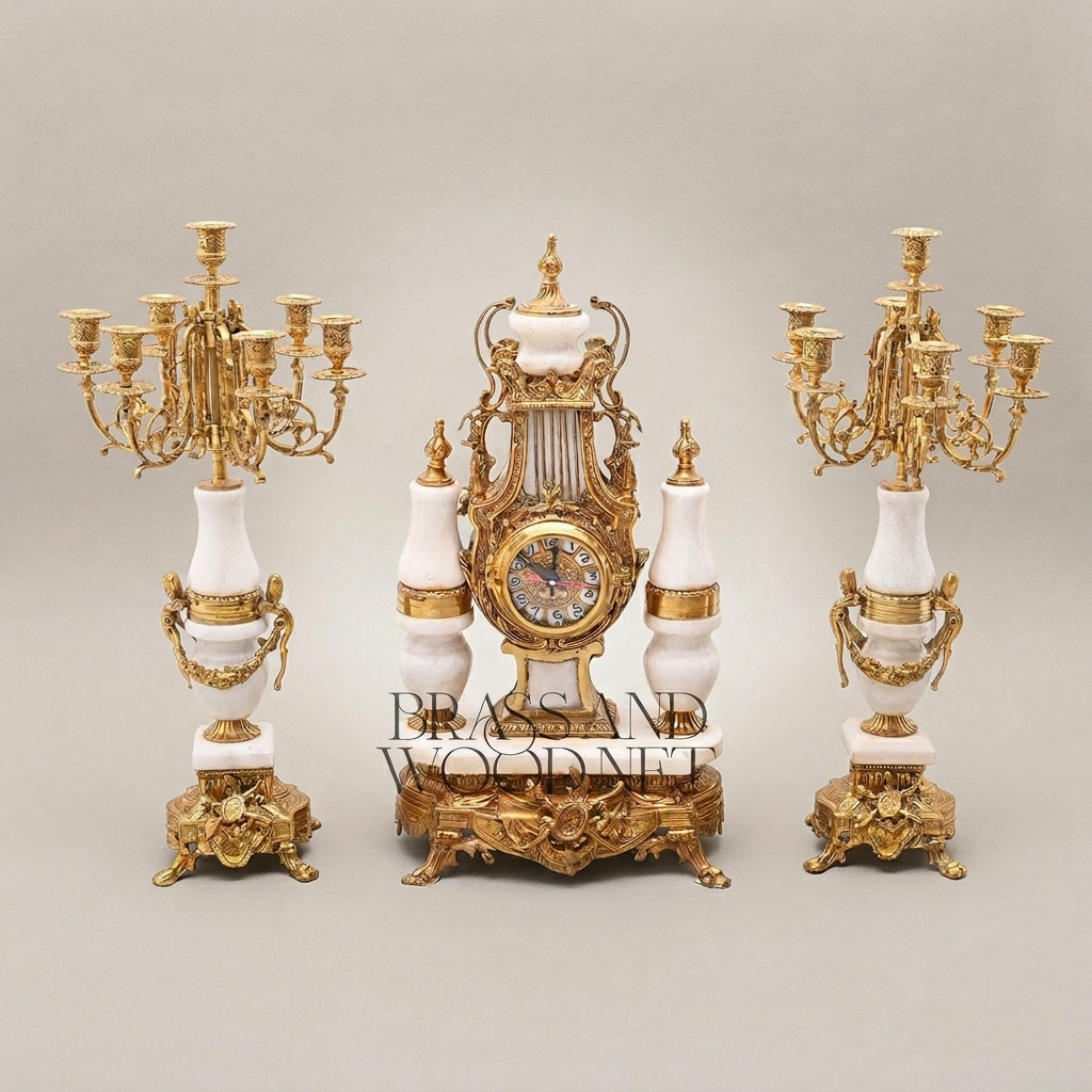 Louis XVI Neoclassical Brass & White Marble Mantel Clock Set with Lyre Motif & Twin Candelabra — Antique Gold