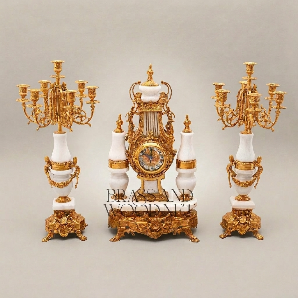 Louis XVI Neoclassical Brass & White Marble Mantel Clock Set with Lyre Motif & Twin Candelabra — Gold