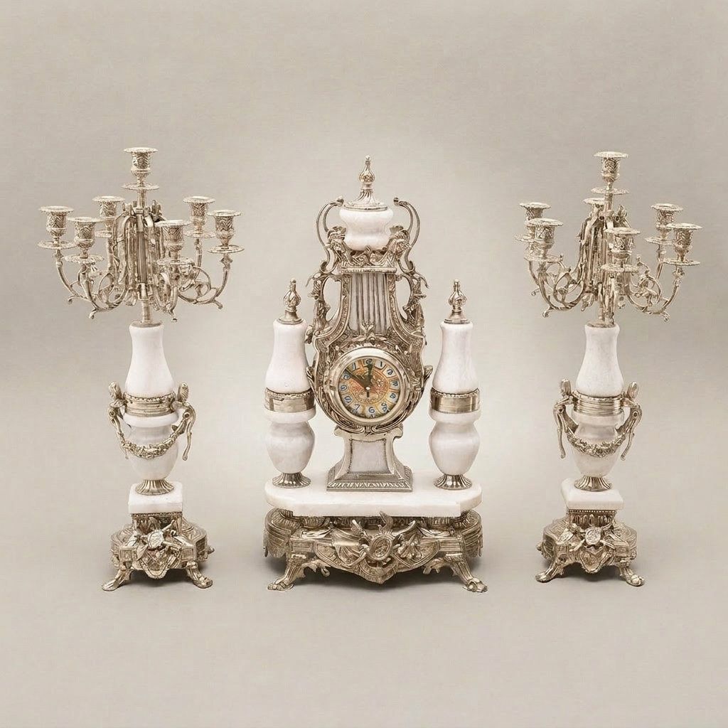 Louis XVI Neoclassical Brass & White Marble Mantel Clock Set with Lyre Motif & Twin Candelabra — Silver