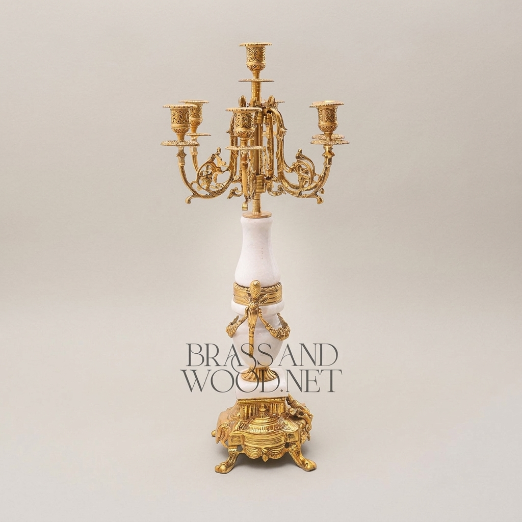 Louis XVI Neoclassical Brass & White Marble Mantel Clock Set with Lyre Motif & Twin Candelabra — Antique Gold