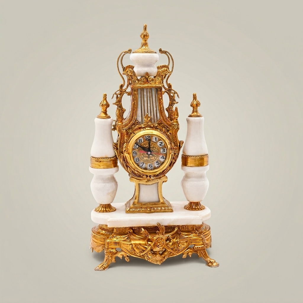 Louis XVI Neoclassical Brass & White Marble Mantel Clock Set with Lyre Motif & Twin Candelabra — Gold