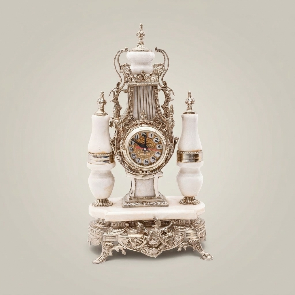Louis XVI Neoclassical Brass & White Marble Mantel Clock Set with Lyre Motif & Twin Candelabra — Silver