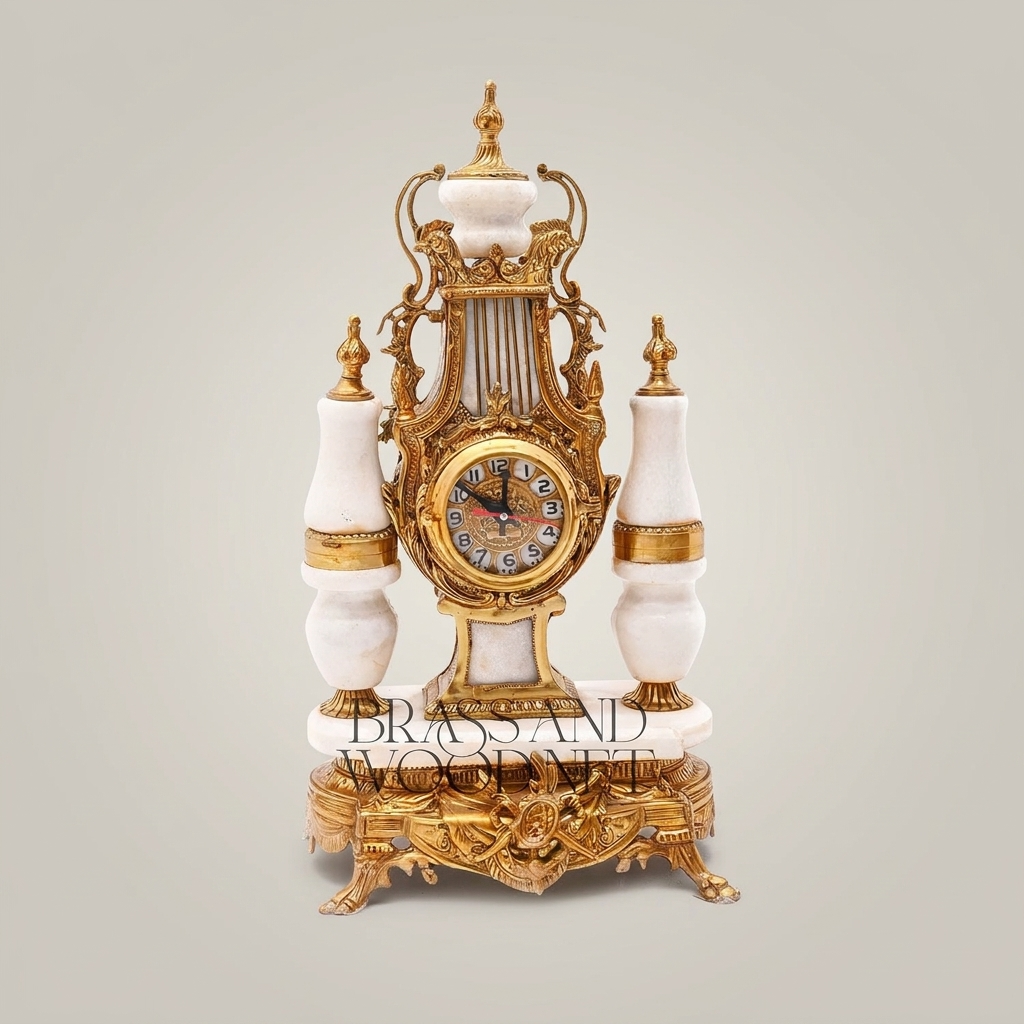 Louis XVI Neoclassical Brass & White Marble Mantel Clock Set with Lyre Motif & Twin Candelabra — Antique Gold
