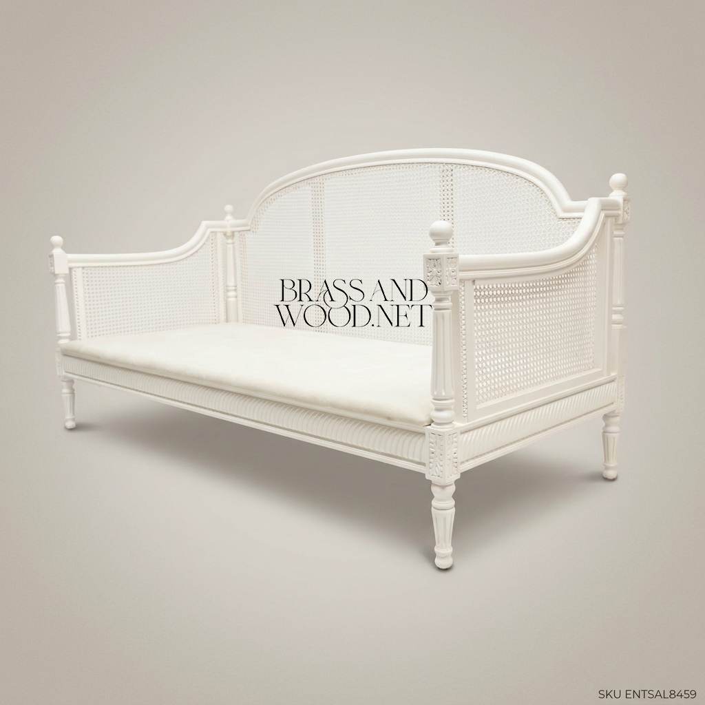 Louis XVI Neoclassical Cane-Panel Daybed with Fluted Posts & Ivory Finish