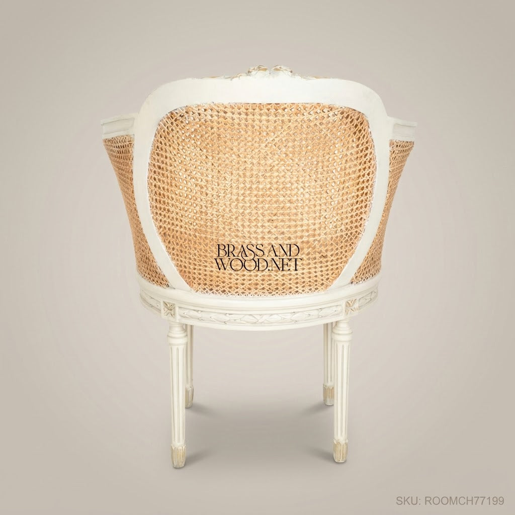 Louis XVI Neoclassical Caned Barrel Armchair - Hand-Carved White Frame with Rattan Back