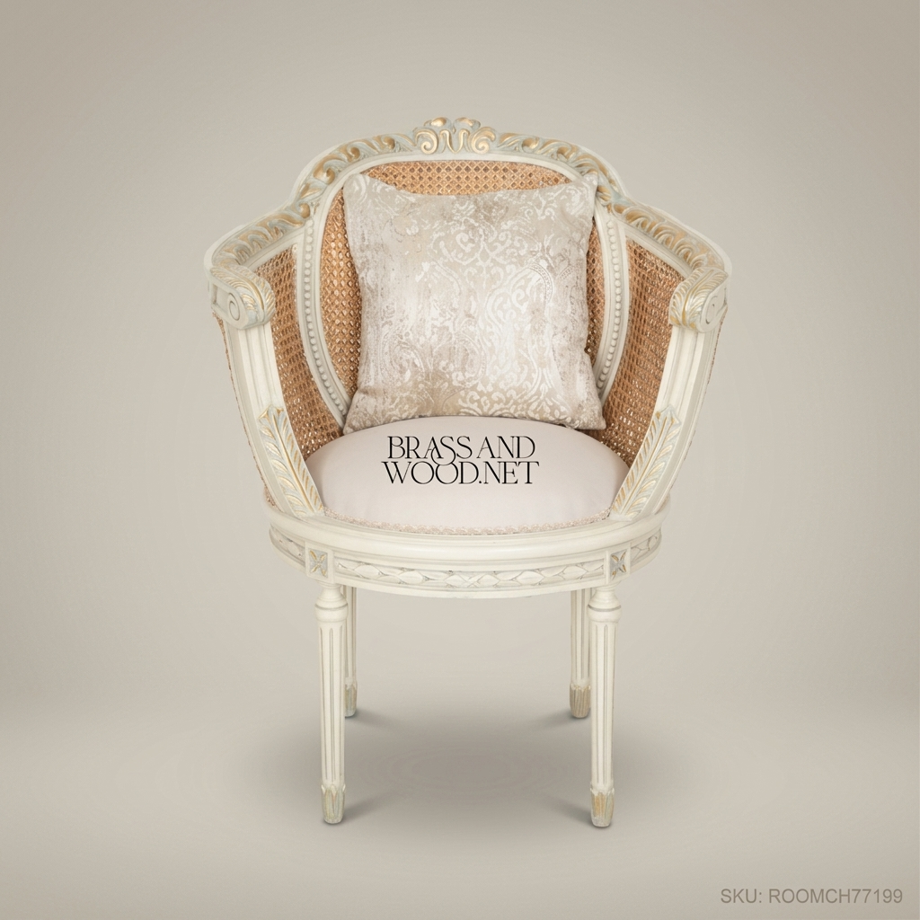 Louis XVI Neoclassical Caned Barrel Armchair - Hand-Carved White Frame with Rattan Back