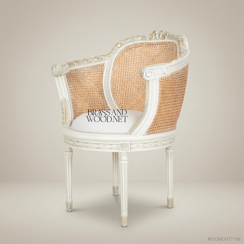 Louis XVI Neoclassical Caned Barrel Armchair - Hand-Carved White Frame with Rattan Back