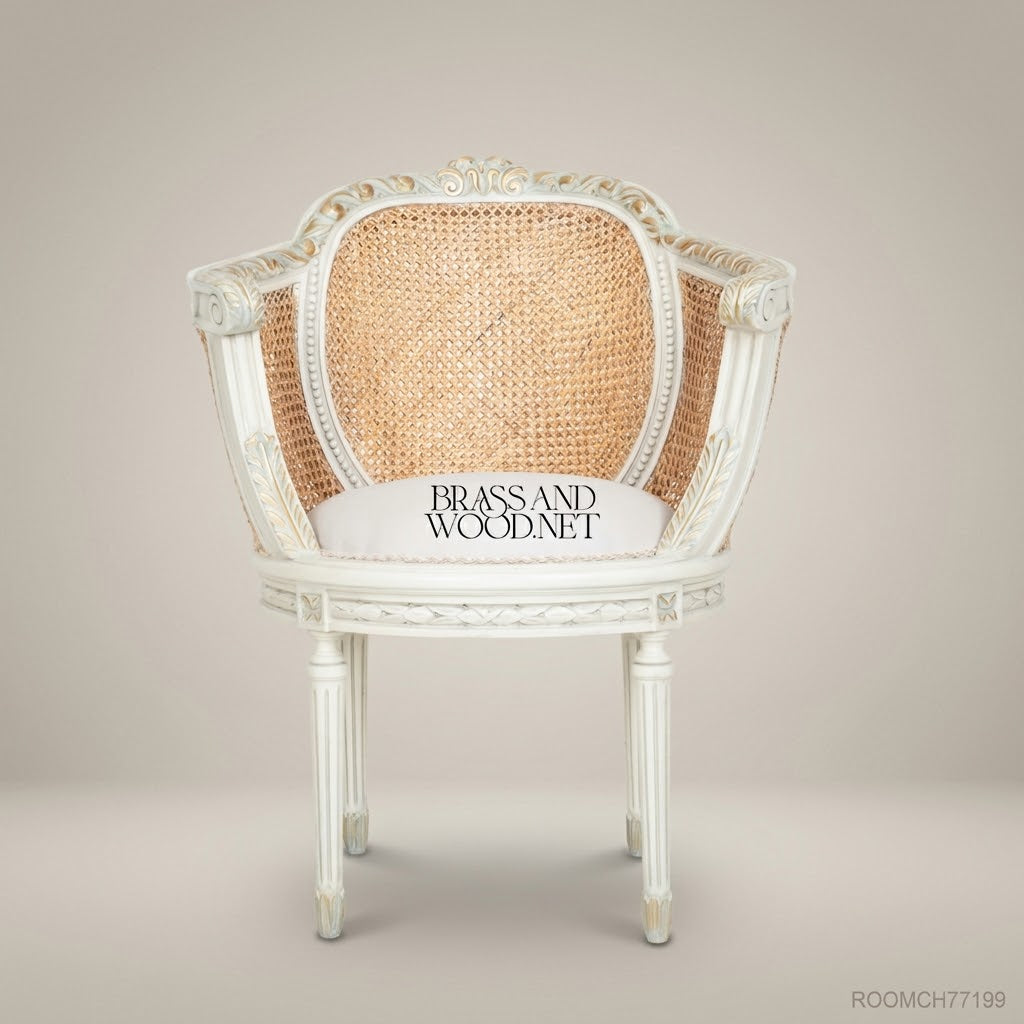 Louis XVI Neoclassical Caned Barrel Armchair - Hand-Carved White Frame with Rattan Back