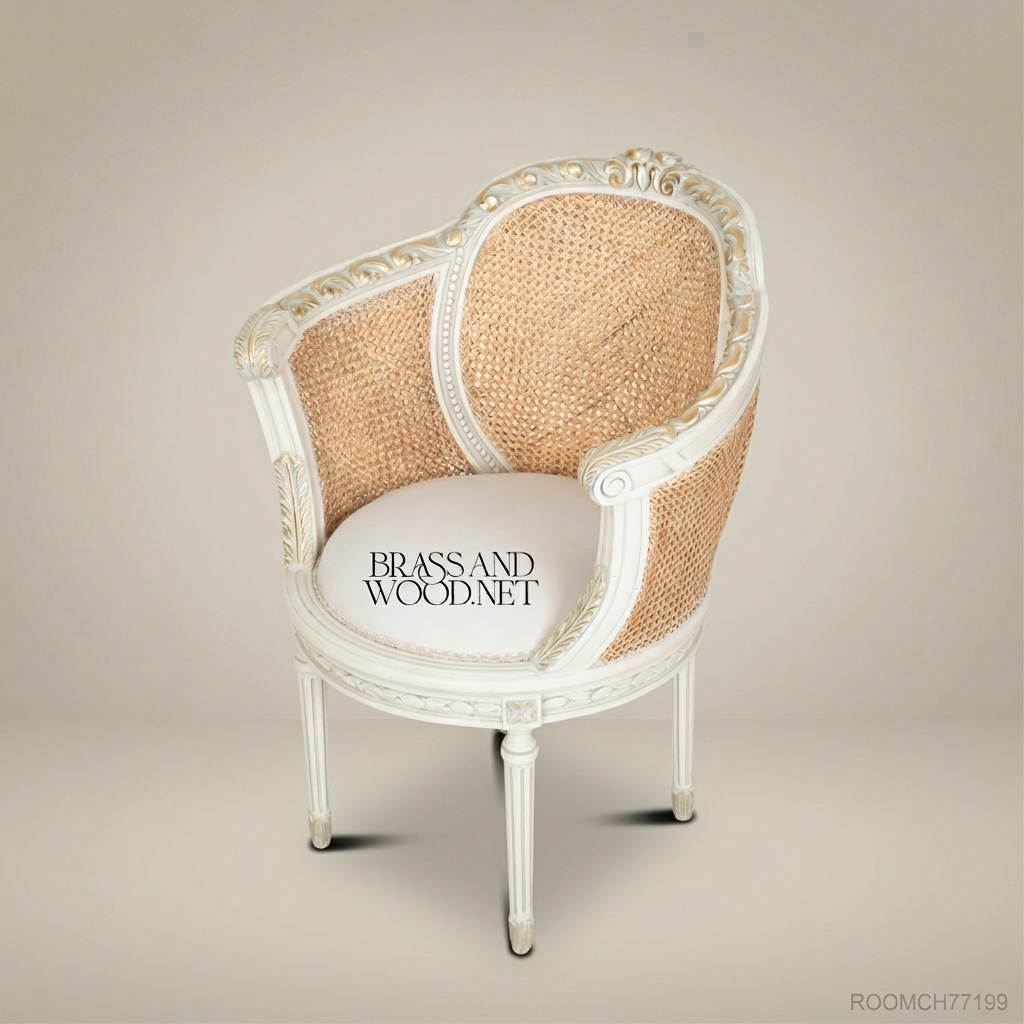 Louis XVI Neoclassical Caned Barrel Armchair - Hand-Carved White Frame with Rattan Back