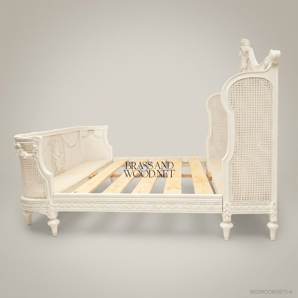 Louis XVI Neoclassical Off-White Carved Cane Panel Super King Bed with Laurel Medallion Garland Swags View 3 | Brass & Wood