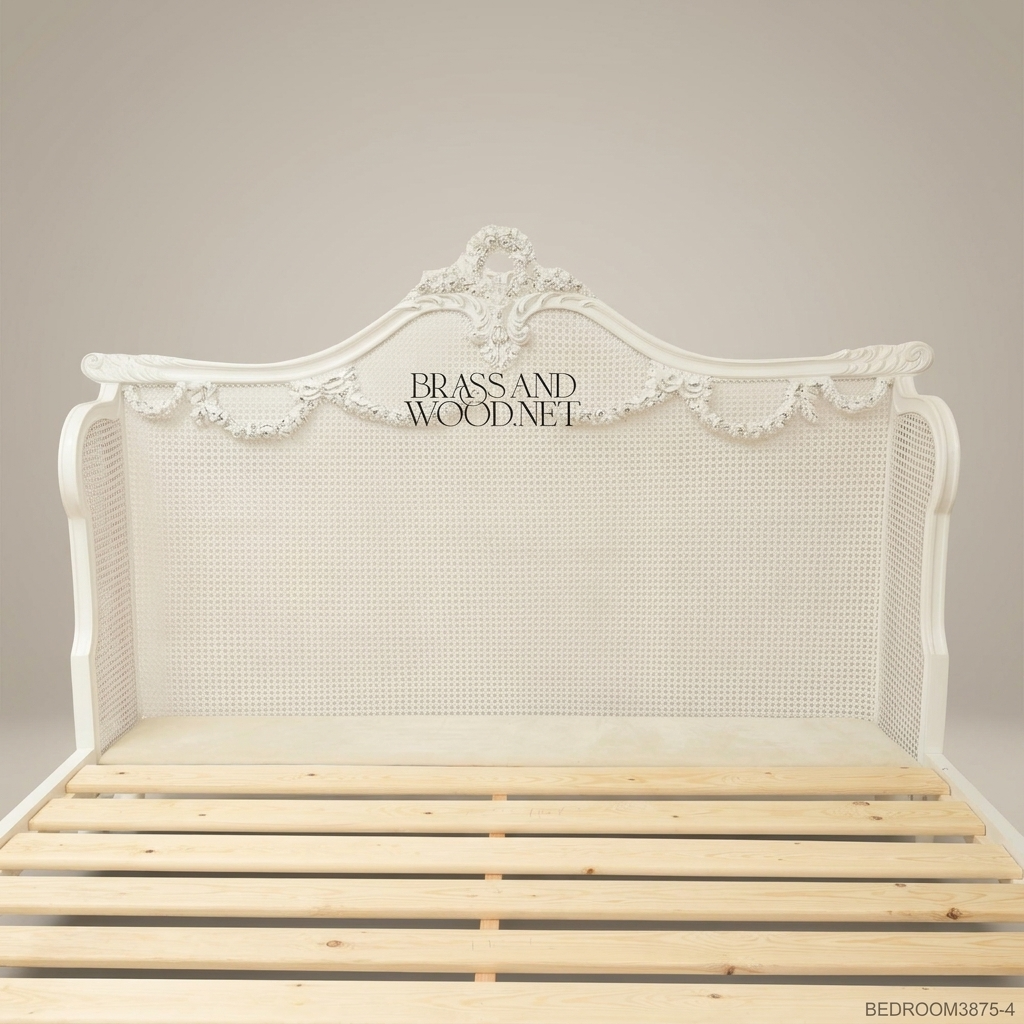 Louis XVI Neoclassical Off-White Carved Cane Panel Super King Bed with Laurel Medallion Garland Swags View 4 | Brass & Wood