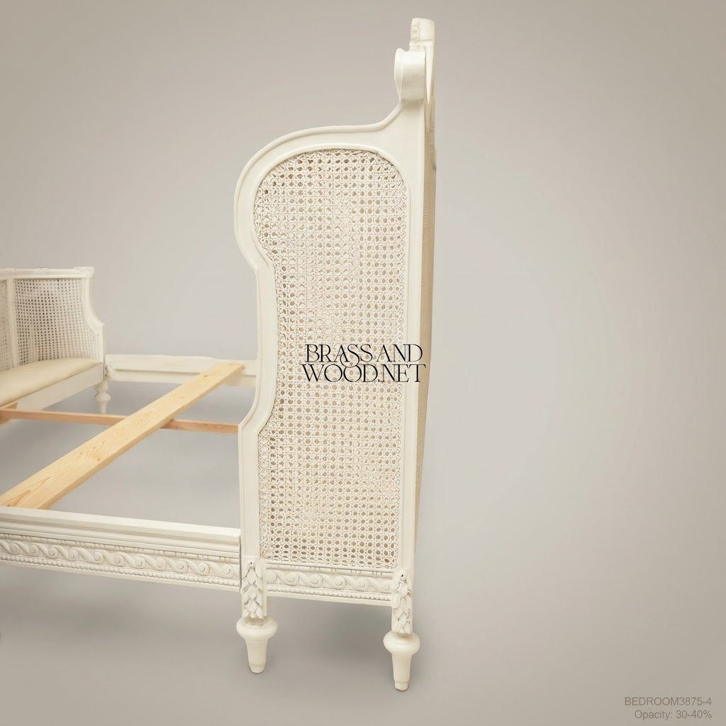 Louis XVI Neoclassical Off-White Carved Cane Panel Super King Bed with Laurel Medallion Garland Swags View 6 | Brass & Wood