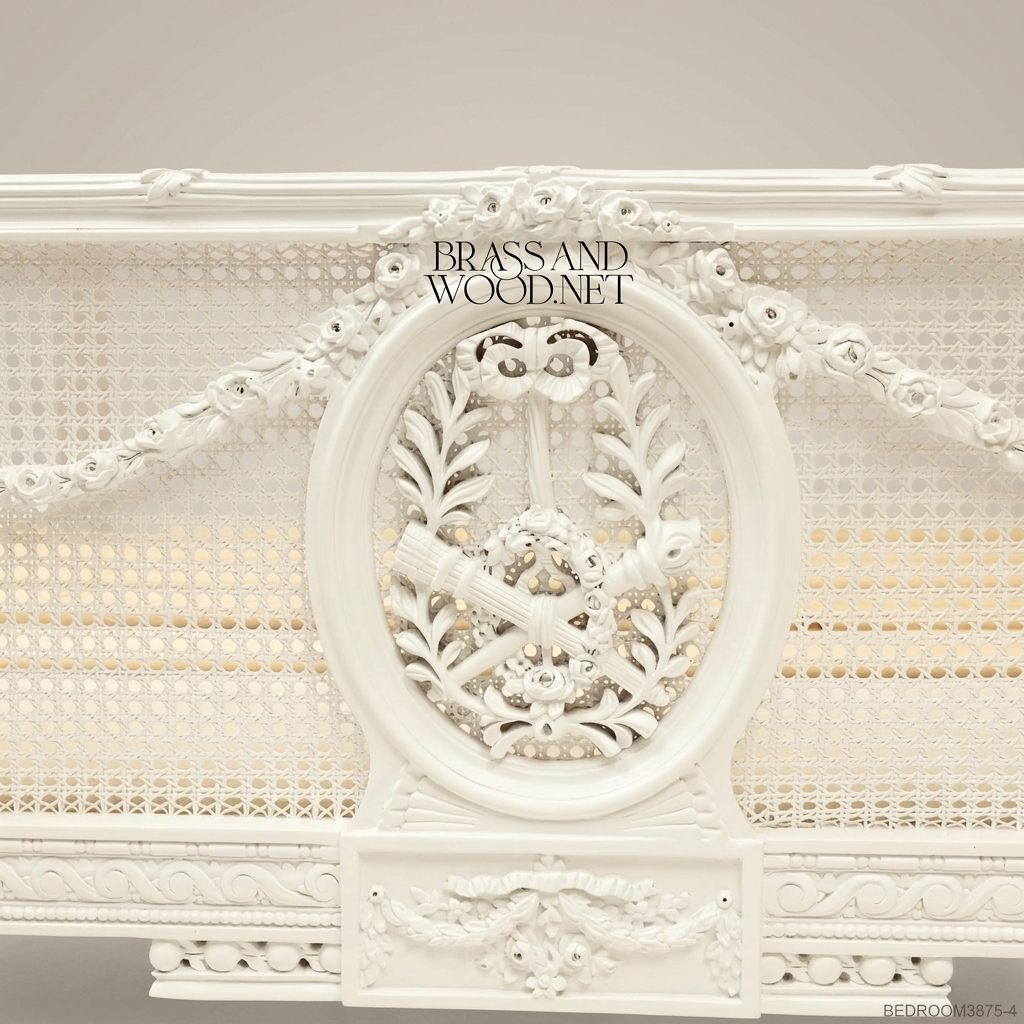 Louis XVI Neoclassical Off-White Carved Cane Panel Super King Bed with Laurel Medallion Garland Swags View 7 | Brass & Wood