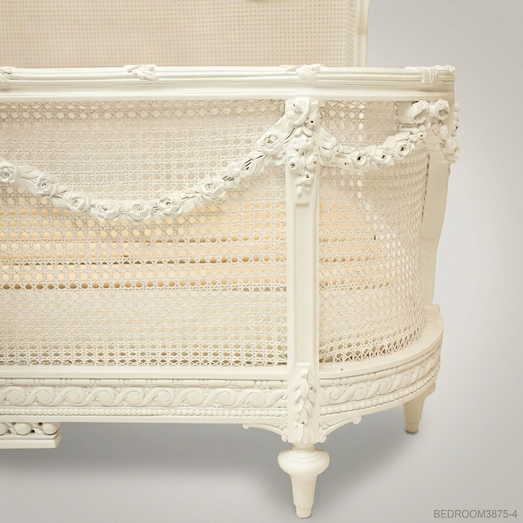 Louis XVI Neoclassical Off-White Carved Cane Panel Super King Bed with Laurel Medallion Garland Swags View 8 | Brass & Wood