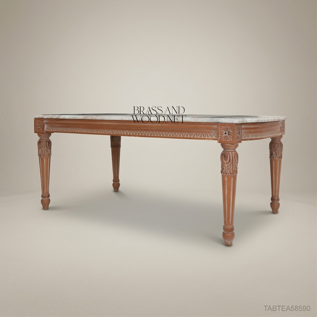 Louis XVI Neoclassical Coffee Table – Carved Walnut & Marble Top