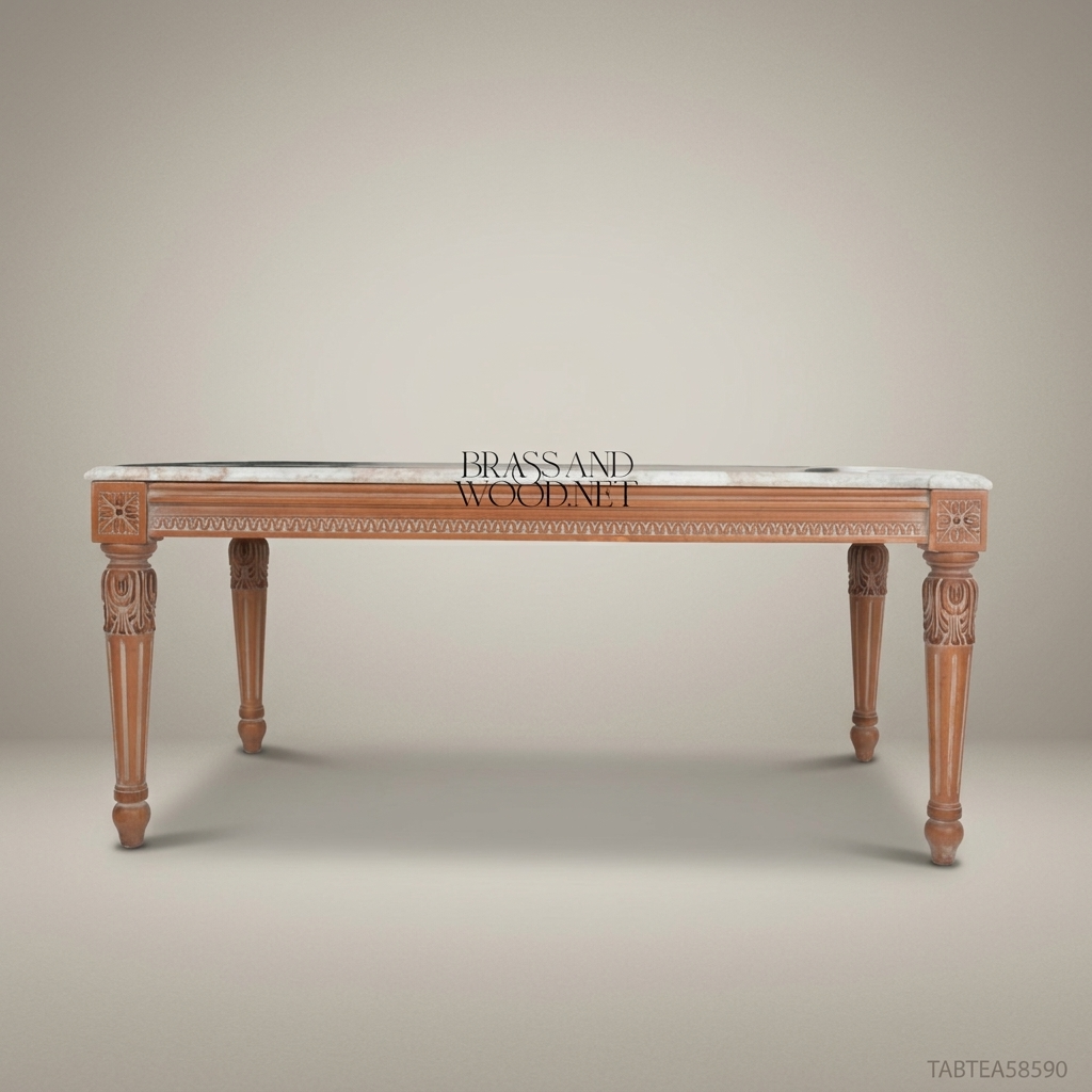 Louis XVI Neoclassical Coffee Table – Carved Walnut & Marble Top